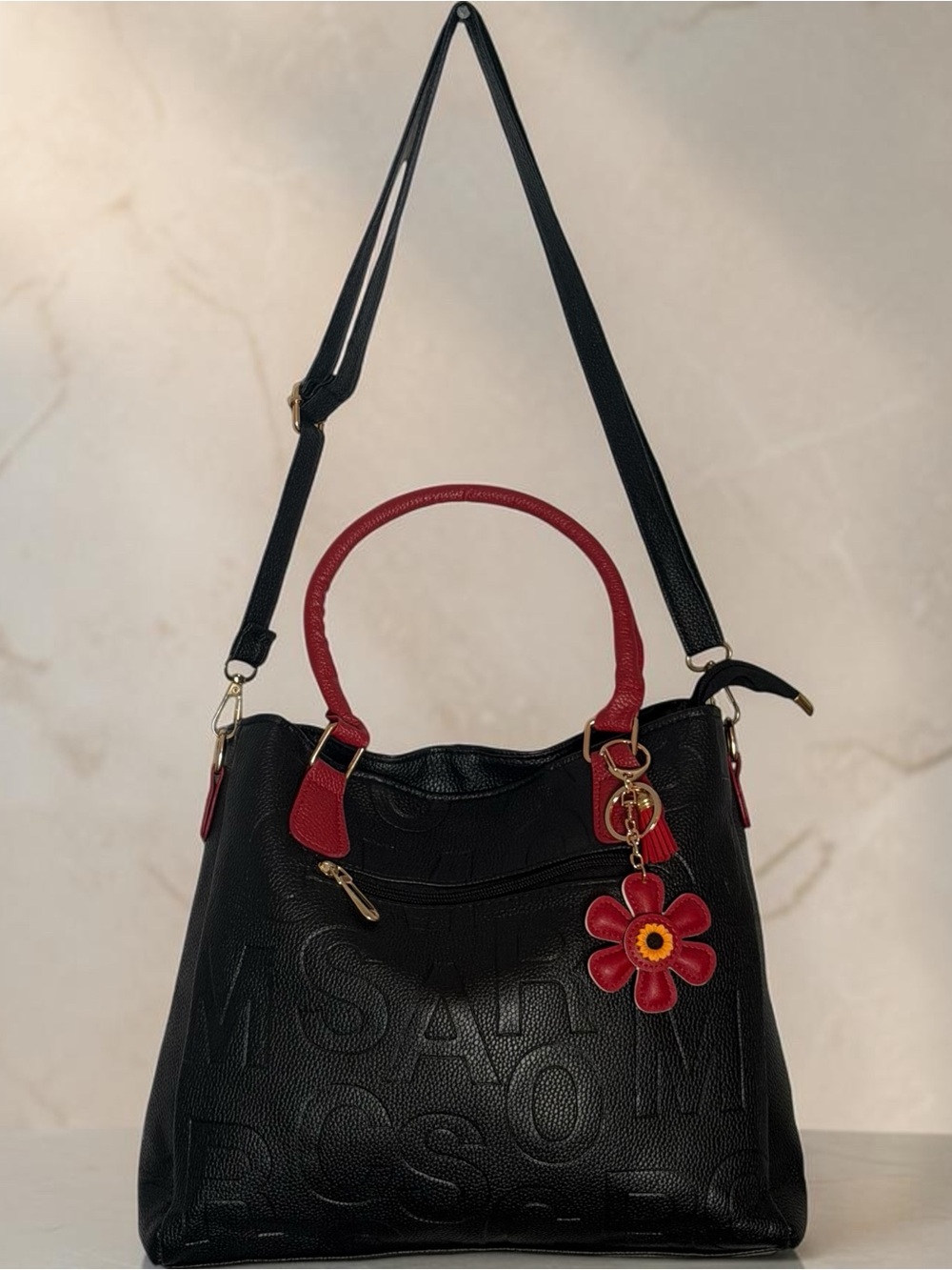 Black Tote Bag with Red Handles and Flower Charm included free.
